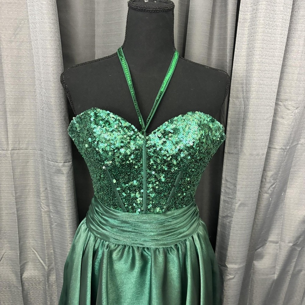 Sherri Hill Dress Womens 2 Emerald Green‎ Sequin Halter Sweetheart Prom Cocktail - Picture 2 of 16